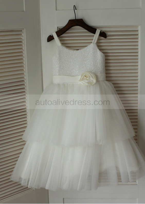 Thin Straps Ivory Sequin Tulle Tea Length Flower Girl Dress